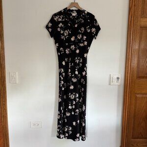 Vintage Black Satin California Concepts Size 7 Collared Floral Long Dress 90s